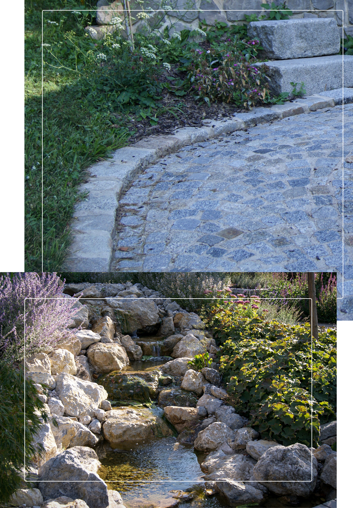 Fotocollage aus 2 Bildern: ein Weg aus Pflastersteinen der nach oben führt und ein Wasserfall aus Natursteinen.